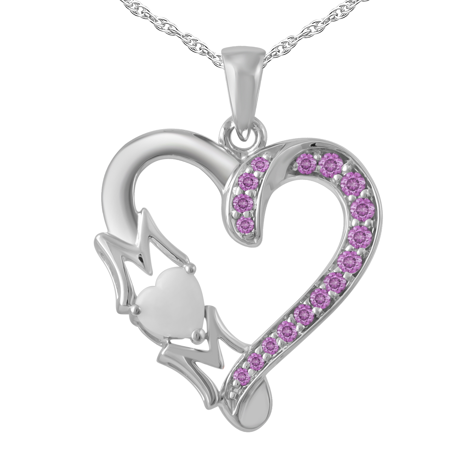 Genuine Opal and Created Pink Sapphire Mom Heart Pendant