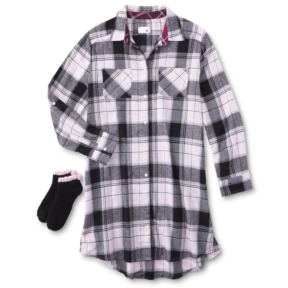 Pink K Women's Flannel Sleep Shirt & Slipper Socks Set - Plaid