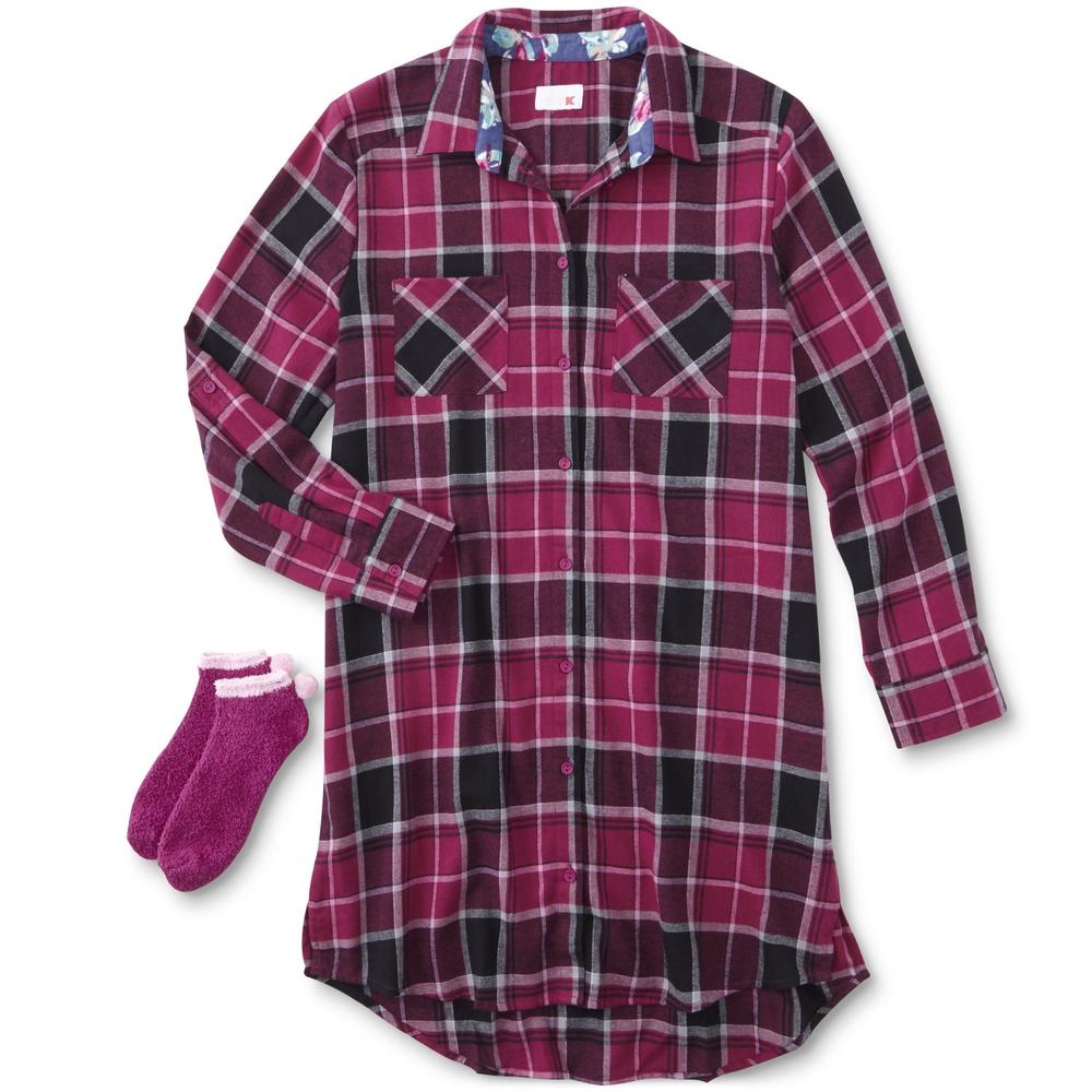 Pink K Women's Plus Flannel Sleep Shirt & Slipper Socks Set - Plaid