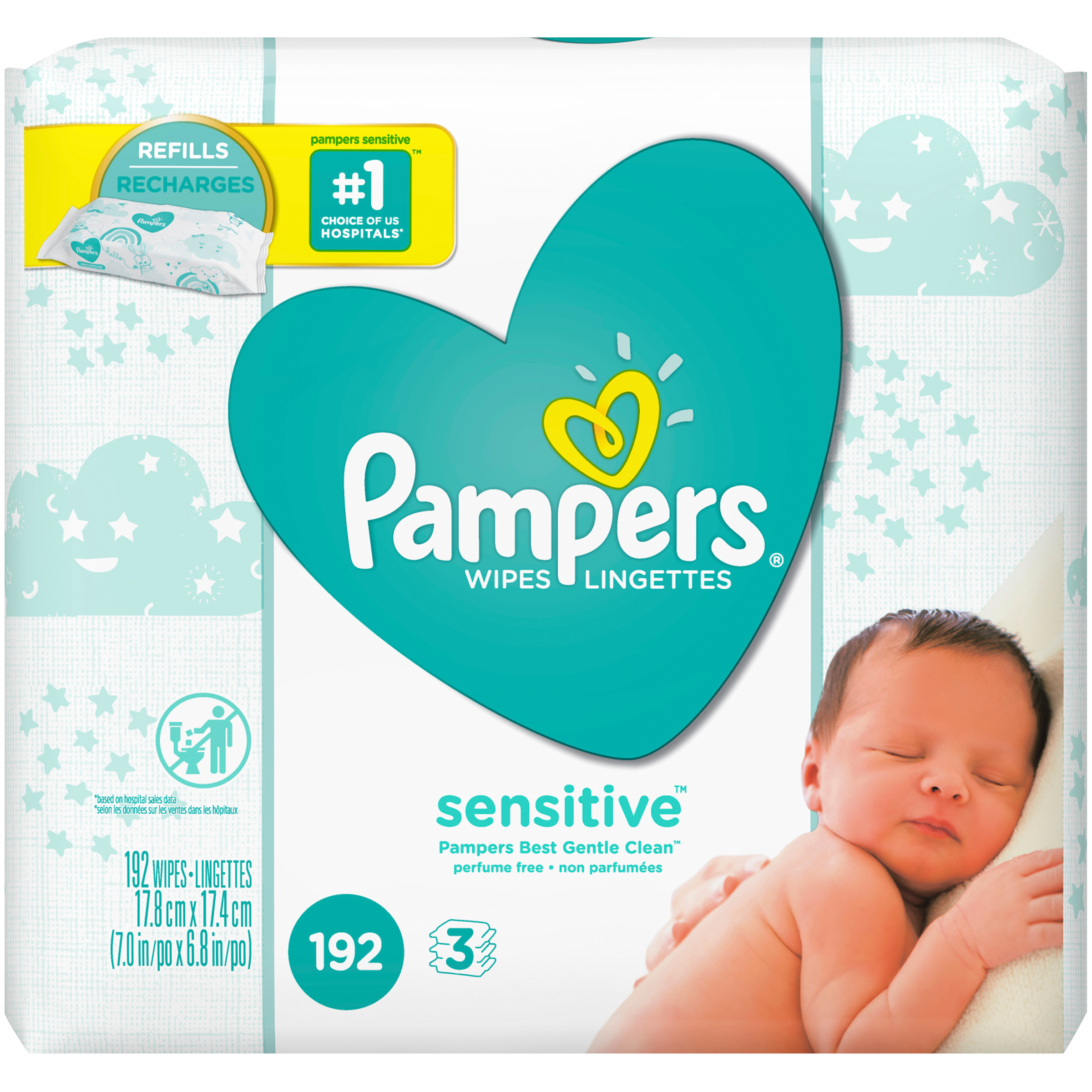 Pampers Sensitive Baby Wipes 3X Refill, 192 Count Baby Wipes