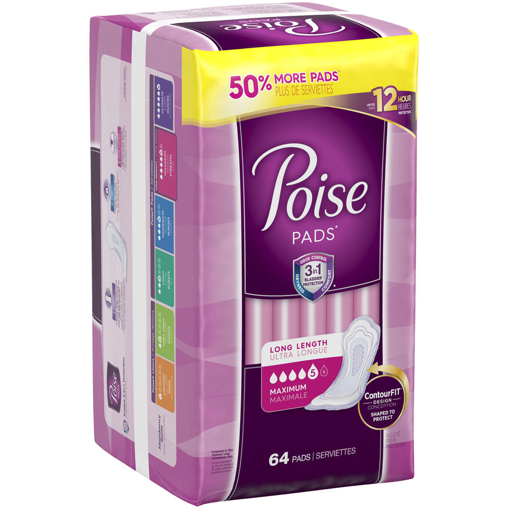 Poise Maximum Absorbency Pads, Long, 64ct