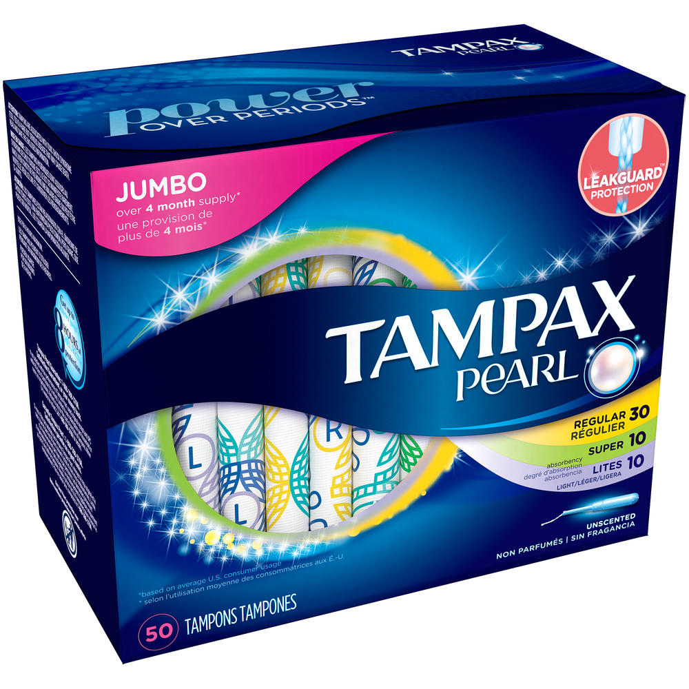 Pearl Tampons, Plastic, Unscented, Jumbo Pack, 50 tampons