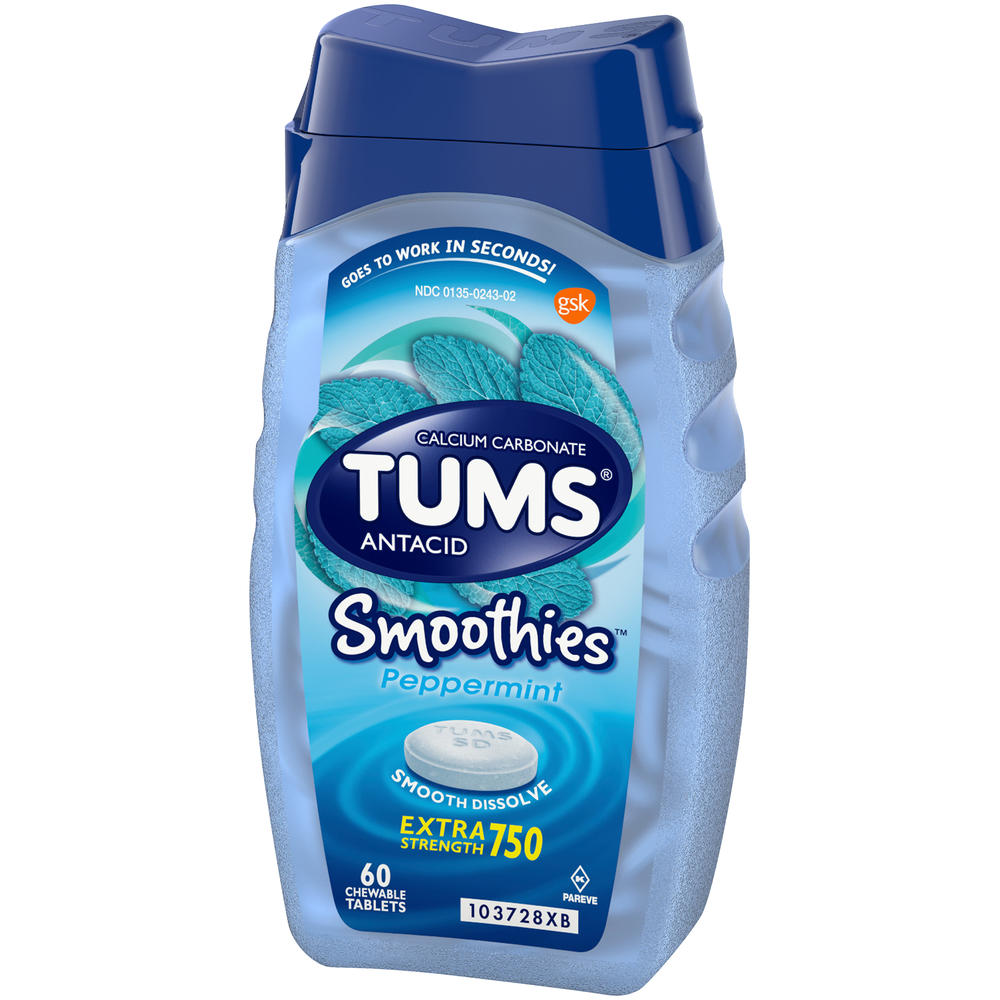 Tums Smoothies Antacid/Calcium Supplement, Extra Strength 750, Peppermint, Chewable Tablets, 60 tablets
