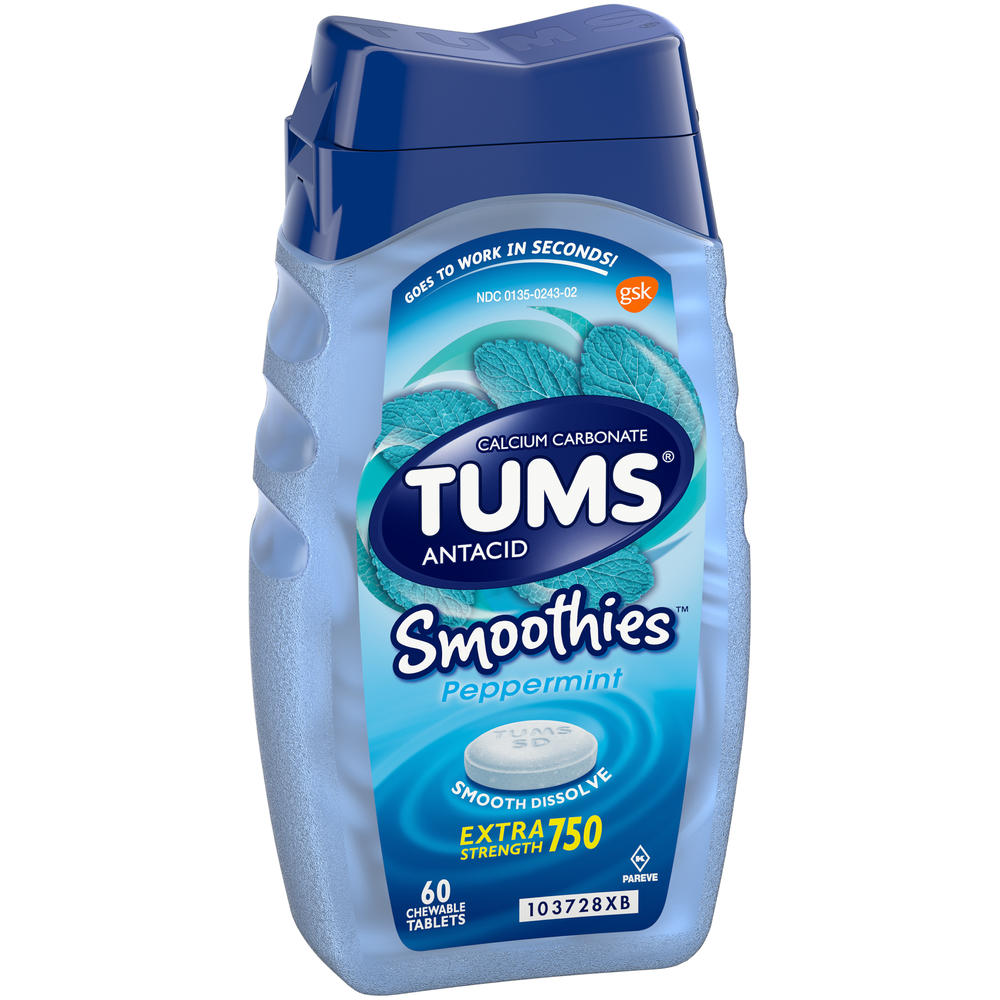 Tums Smoothies Antacid/Calcium Supplement, Extra Strength 750, Peppermint, Chewable Tablets, 60 tablets