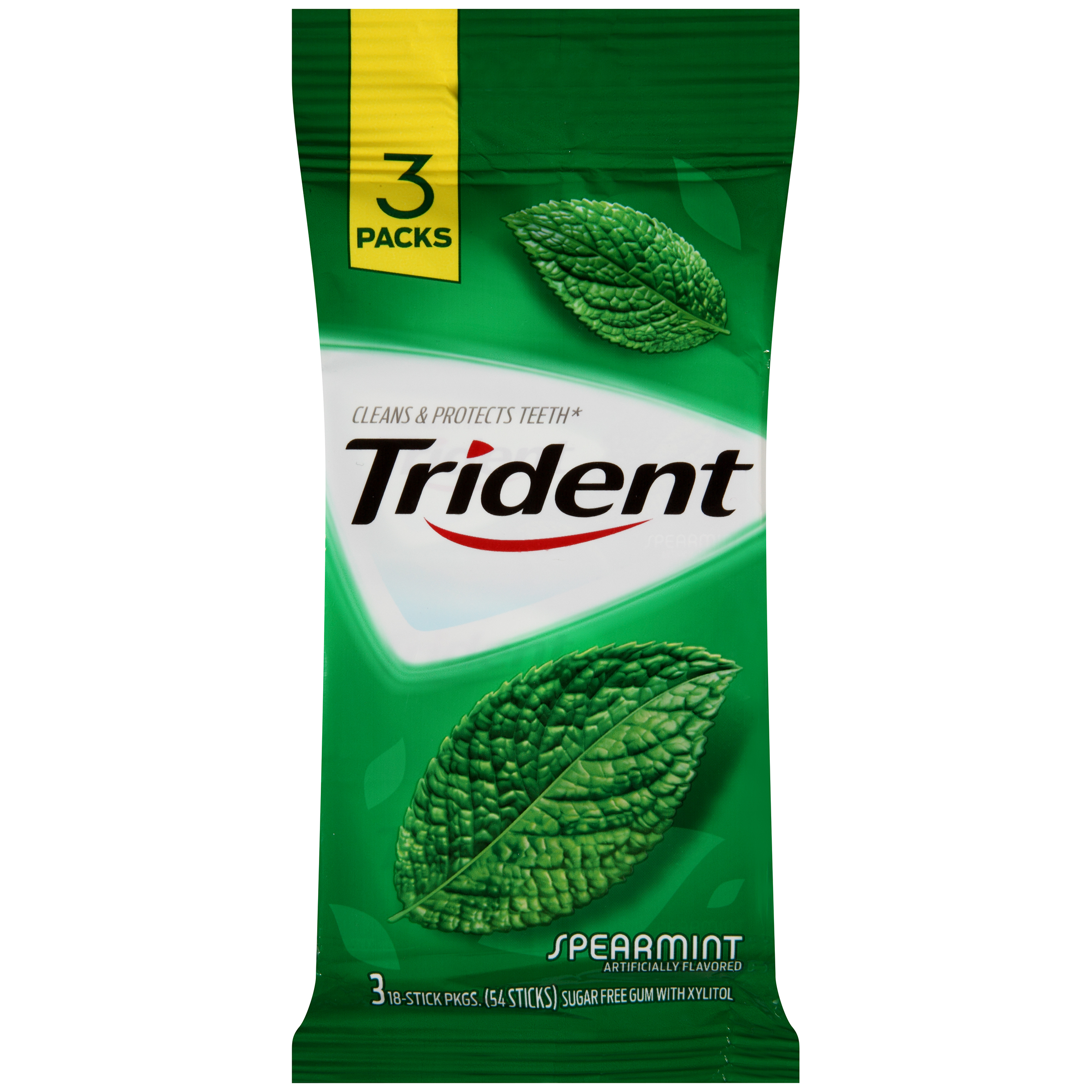 Trident Gum, Sugarless, Spearmint, 3 - 18 stick packages