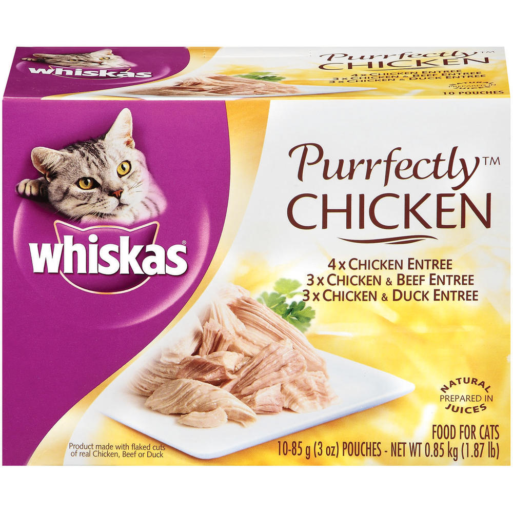 Whiskas Purrfectly Chicken Food For Cats, Chicken Entree, Chicken & Beef Entree, Chicken & Duck Entree, 10 - 85 g ( 3 oz) pouches [0.85