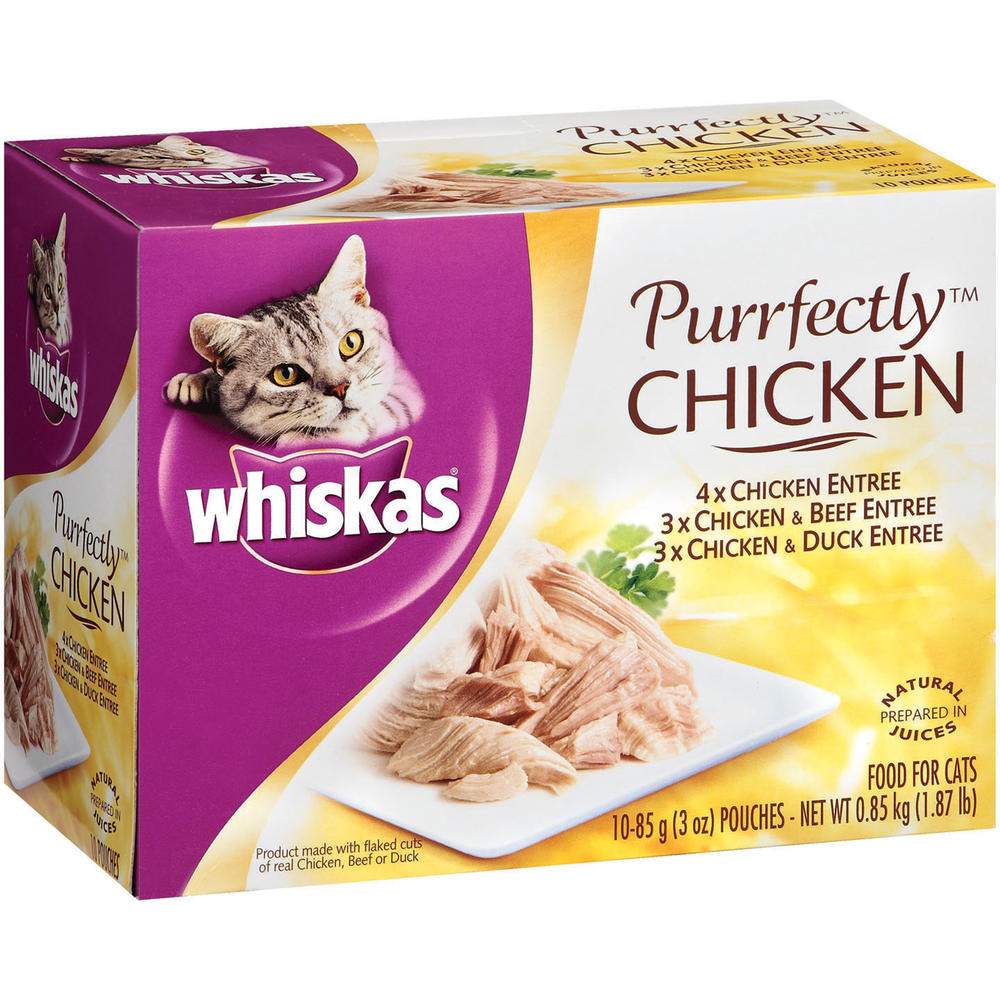 Whiskas Purrfectly Chicken Food For Cats, Chicken Entree, Chicken & Beef Entree, Chicken & Duck Entree, 10 - 85 g ( 3 oz) pouches [0.85