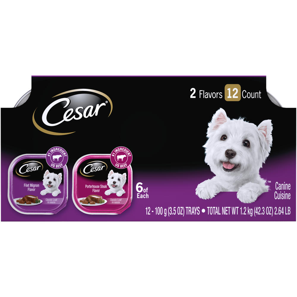 Cesar Food for Small Dogs, Filet Mignon Flavor, Porterhouse Steak Flavor, 12 - 3.5 oz (100 g) trays [2.65 lb (1.2 kg)]