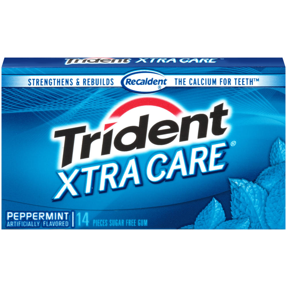 Trident Xtra Care Gum, Sugarless, Peppermint, 14 pieces