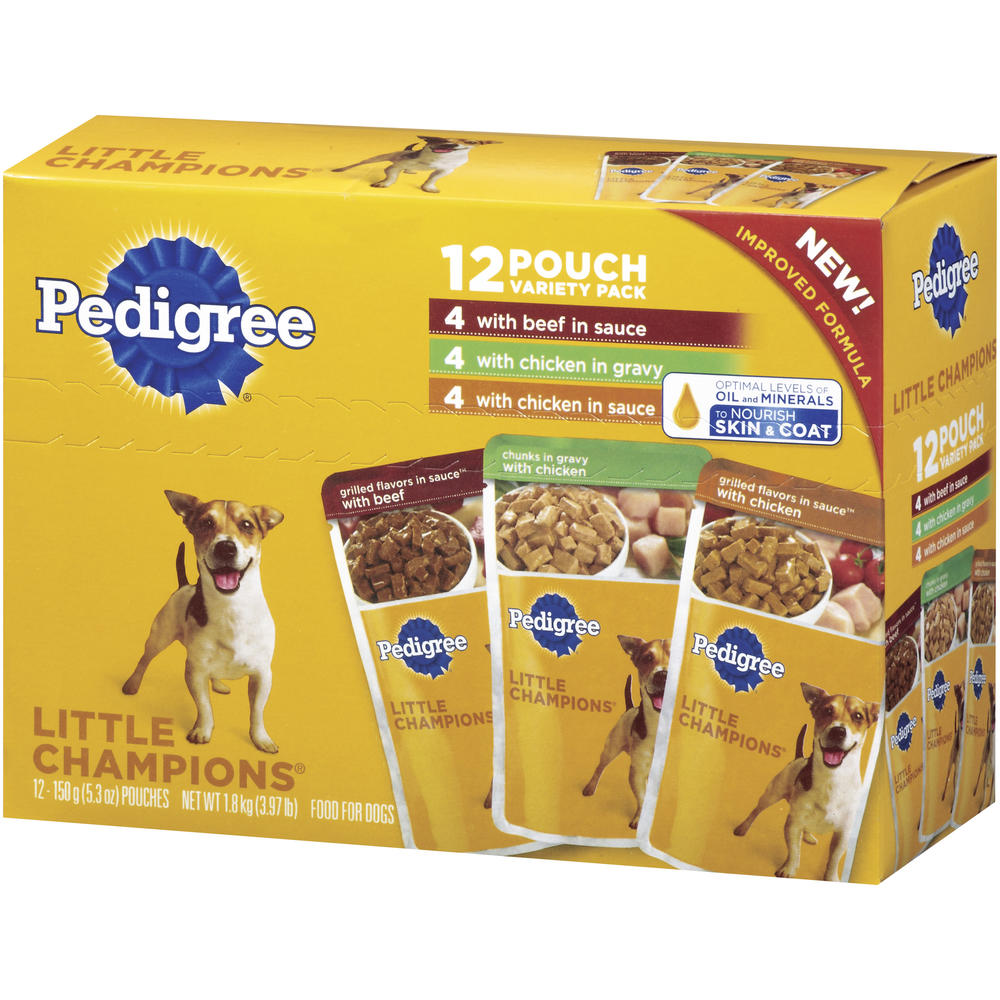 Pedigree Little Champions Food For Dogs, 4 with Beef, 4 with Chicken in Gravy, 4 with Chicken, Variety Pack, 12 - 5.3 oz (150 g) pouches