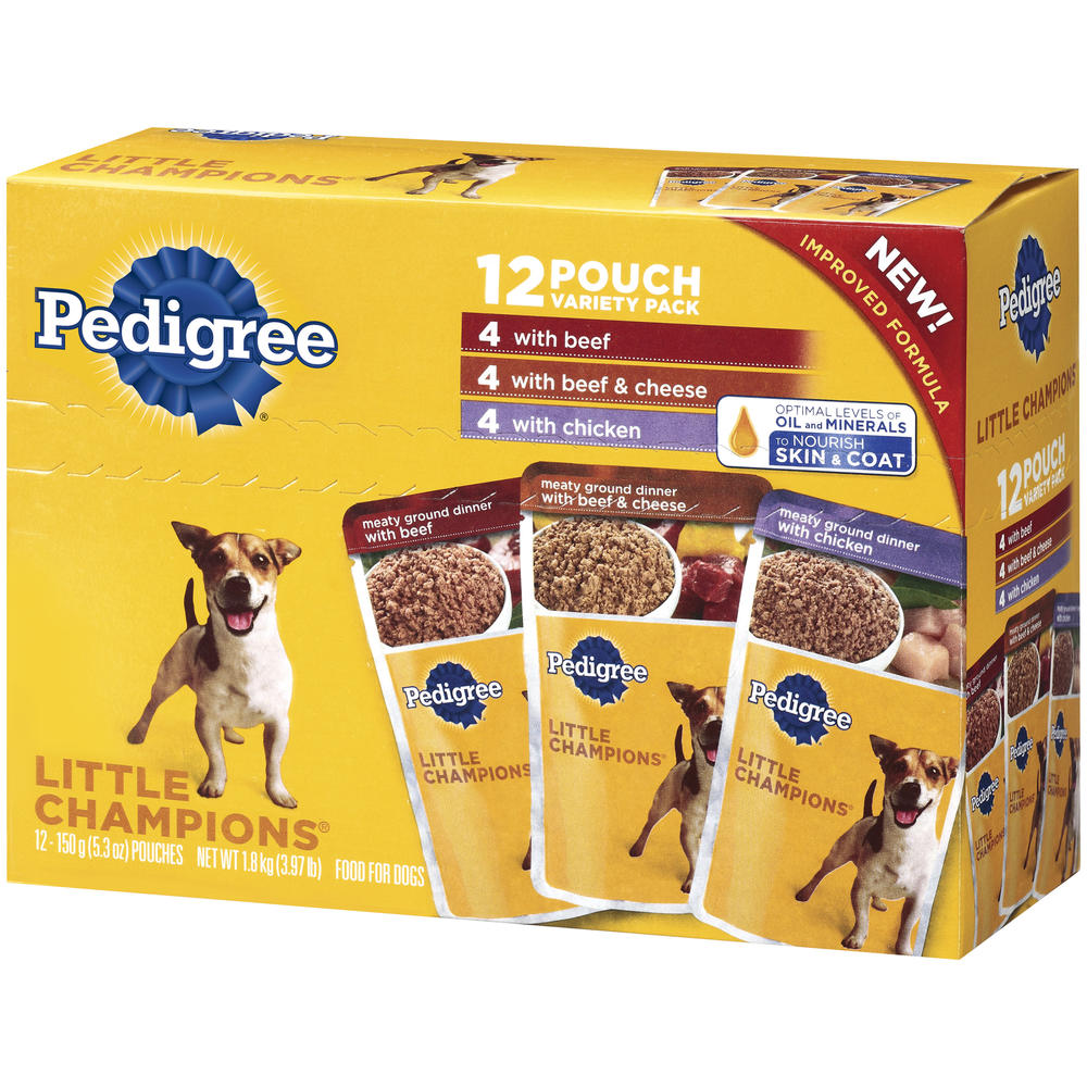 Pedigree Little Champions Food For Dogs, 4 with Beef, 4 with Beef & Cheese, 4 with Chicken, Variety Pack, 12 - 5.3 oz (150 g) pouches [3.