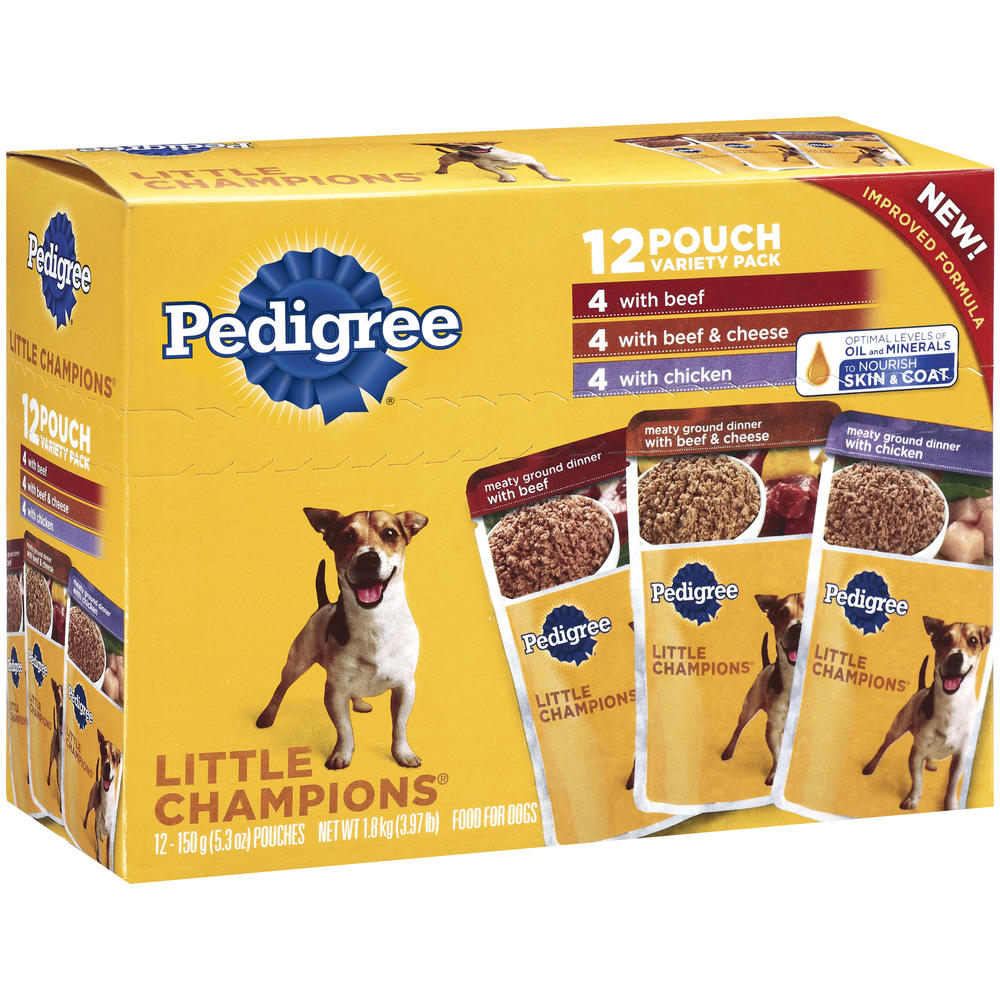 Pedigree Little Champions Food For Dogs, 4 with Beef, 4 with Beef & Cheese, 4 with Chicken, Variety Pack, 12 - 5.3 oz (150 g) pouches [3.