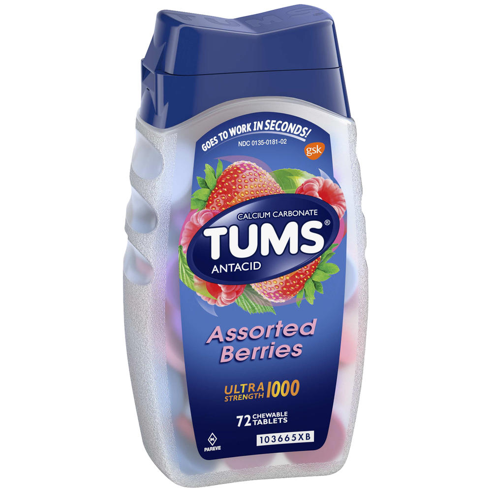 Tums Ultra 1000 Antacid/Calcium Supplement, Maximum Strength, Chewable Tablets, Assorted Berries, 72 tablets
