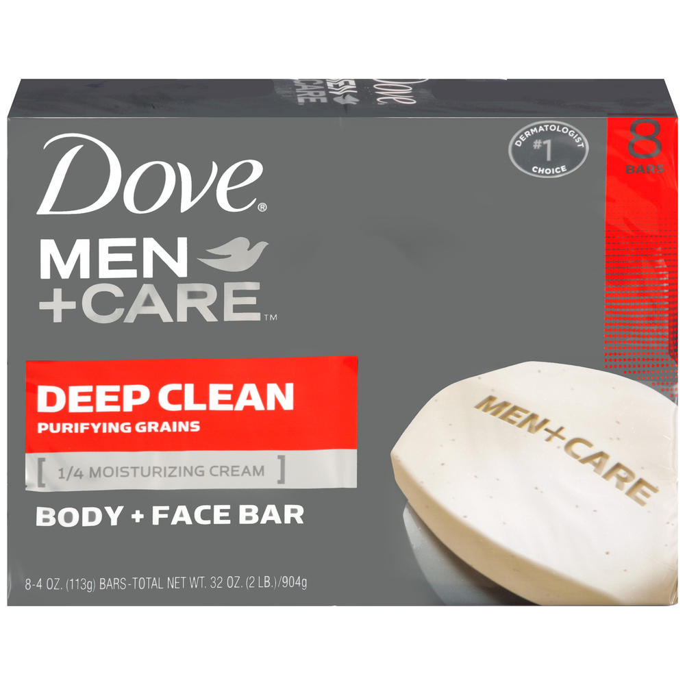 Dove Body And Face Bar Soap, Deep Clean Purifying Grains, 8 - 4.25 oz (120 g) [34 oz (960 g)]