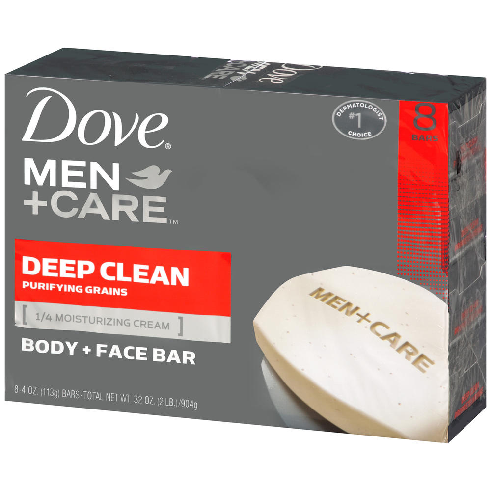 Dove Body And Face Bar Soap, Deep Clean Purifying Grains, 8 - 4.25 oz (120 g) [34 oz (960 g)]