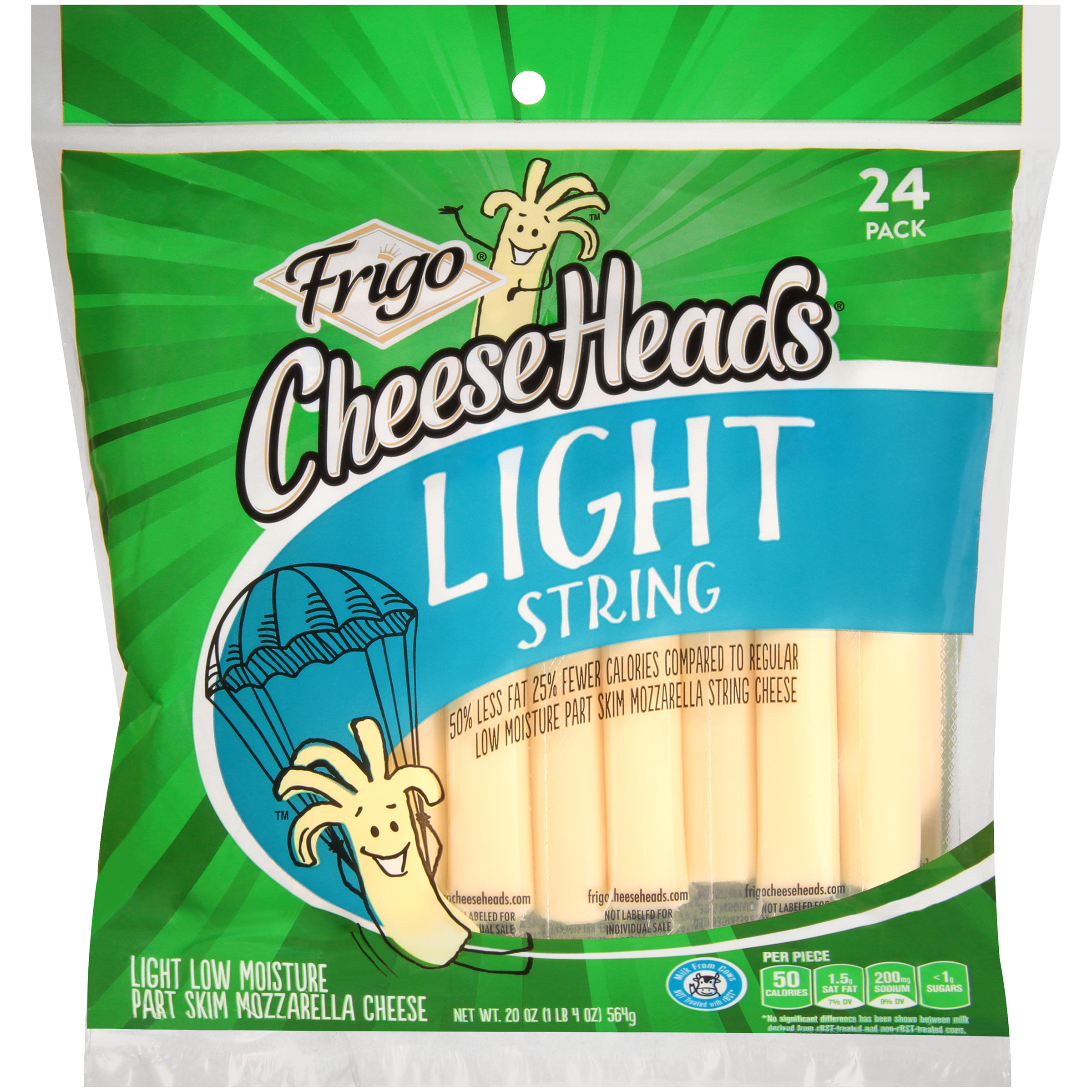 Frigo Cheese Heads String Cheese, 100% Natural, Light, 24 - 1 oz pieces [24 oz (1 lb 8 oz) 680 g]