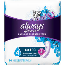 ALWAYS Discreet, Incontinence Pads, Moderate, Long Length, 54 Ct