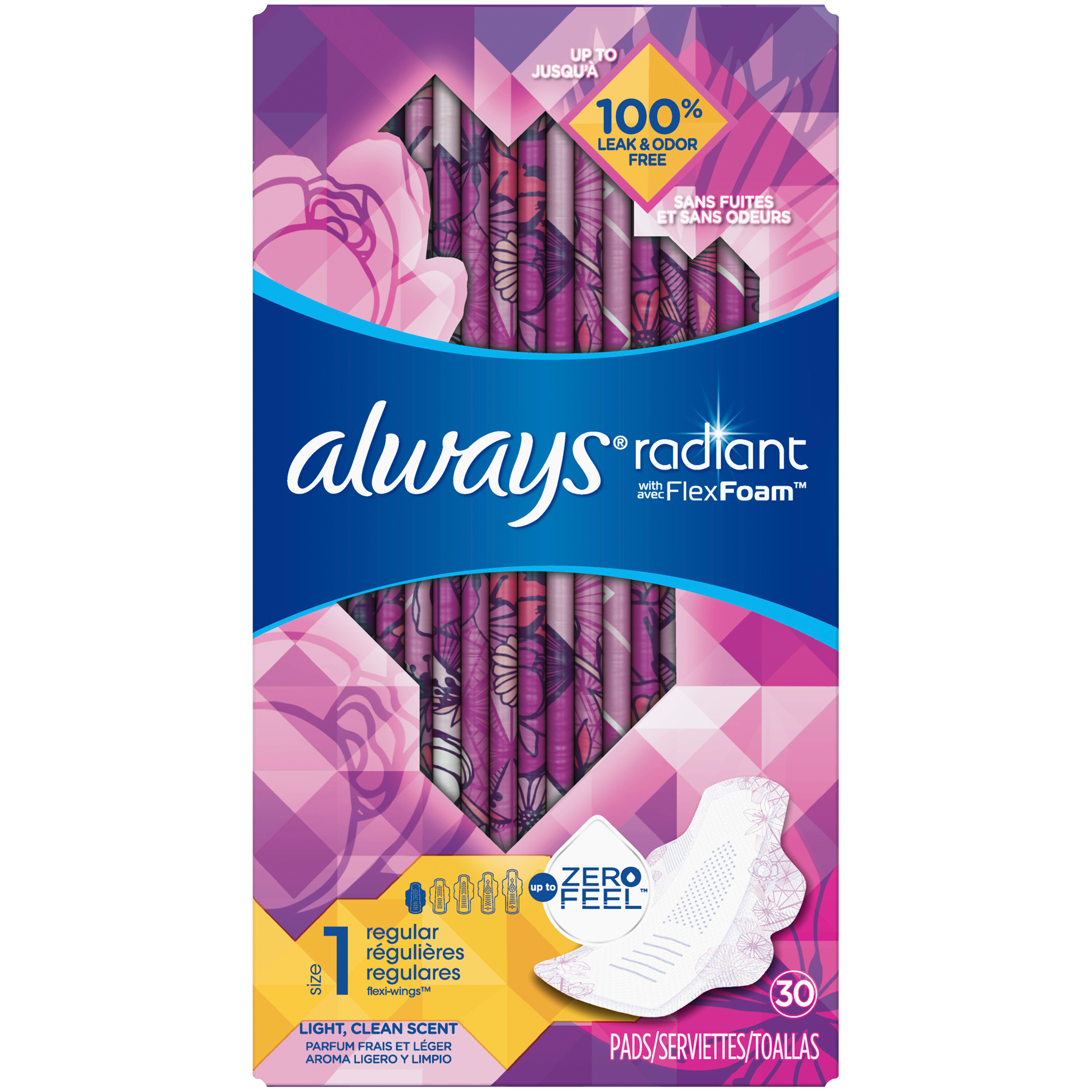Always Radiant Regular with wings scented Pads 30 count