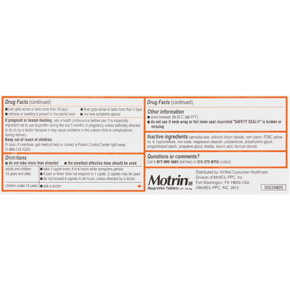 Motrin IB Ibuprofen Tablets USP, 200 mg, Coated Caplets, 225 caplets
