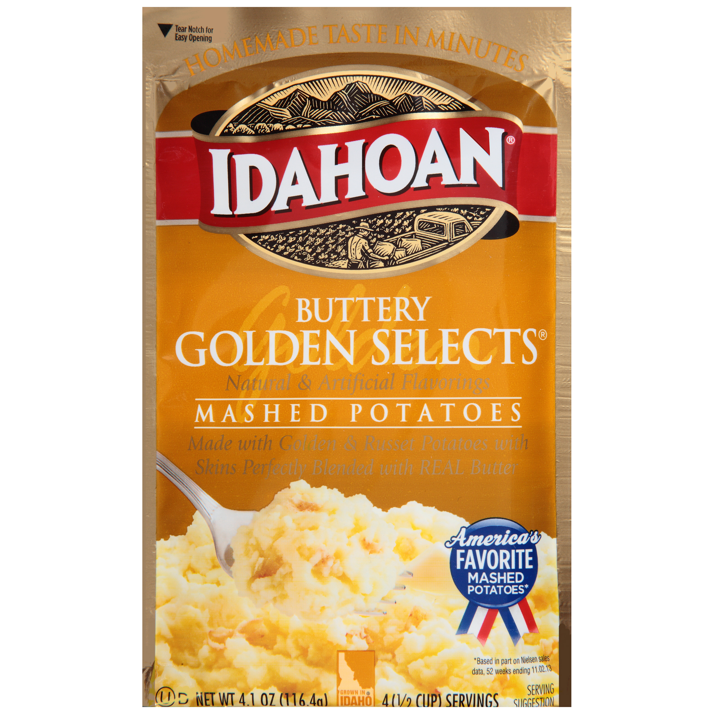 Idahoan Mashed Potatoes, Flavored, Buttery Golden Selects, 4.1 oz (116.4 g)