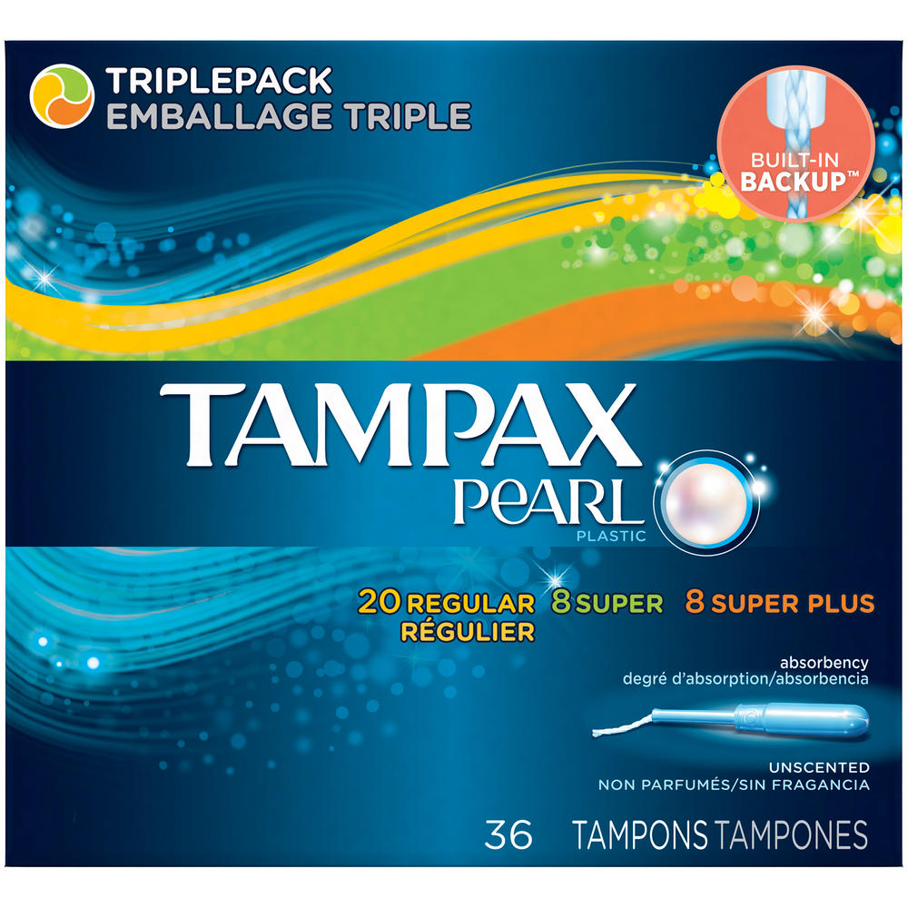 Tampax Pearl Tampons, Plastic, Assorted Absorbency, Unscented, 36 tampons
