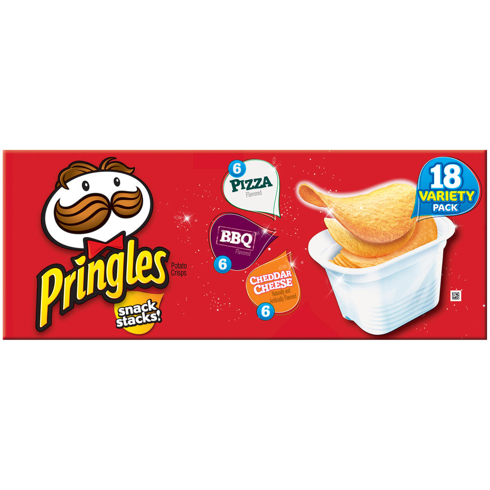 Pringles Potato Crisps Snack Stacks! Pizza/BBQ/Cheddar Cheese Variety Pack, 18 - 0.74 oz tubs, net weight 13.3 oz (378 g)