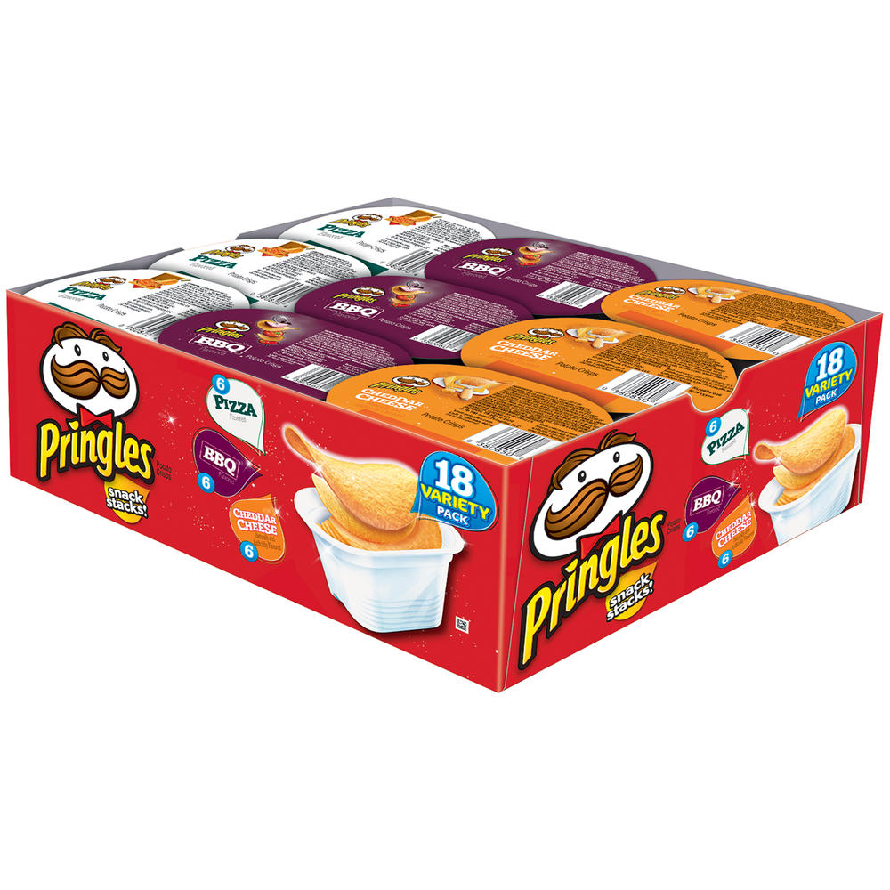 Pringles Potato Crisps Snack Stacks! Pizza/BBQ/Cheddar Cheese Variety Pack, 18 - 0.74 oz tubs, net weight 13.3 oz (378 g)