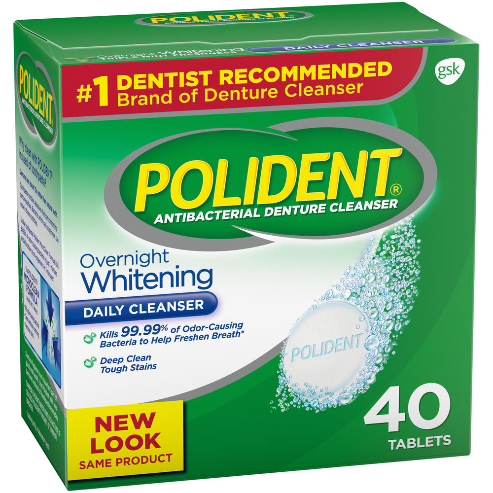 Polident Overnight Whitening Antibacterial Daily Denture Cleanser Effervescent Tablets, 40 Count