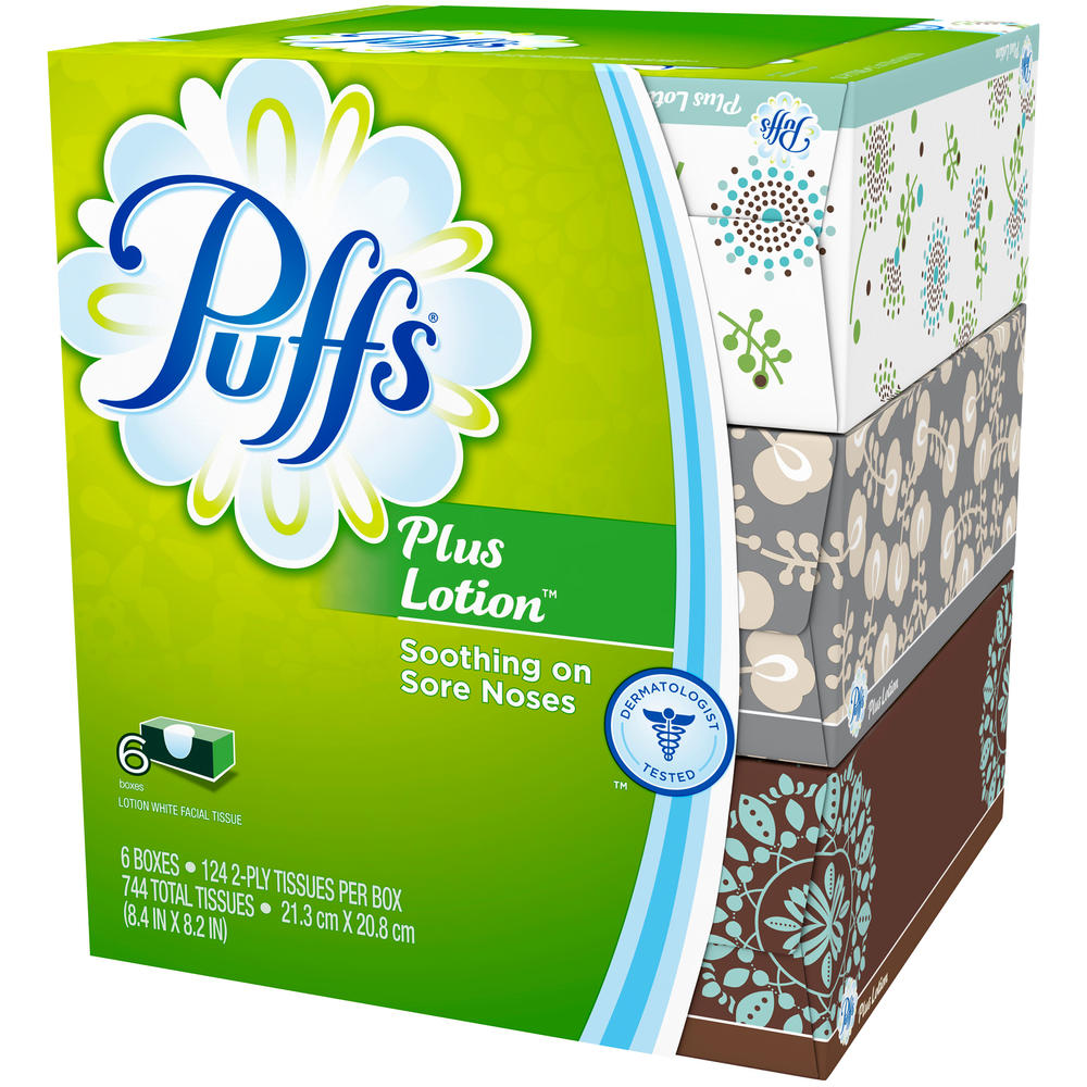 Puffs Plus Lotion Facial Tissues, 6 Family Boxes 744 ct Pack, 124 Tissues per Box