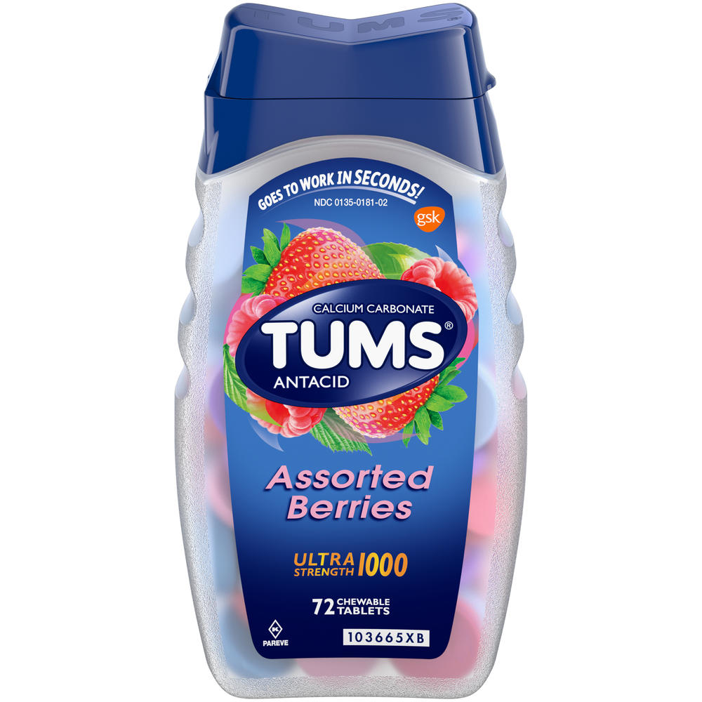 Tums Ultra 1000 Antacid/Calcium Supplement, Maximum Strength, Chewable Tablets, Assorted Berries, 72 tablets