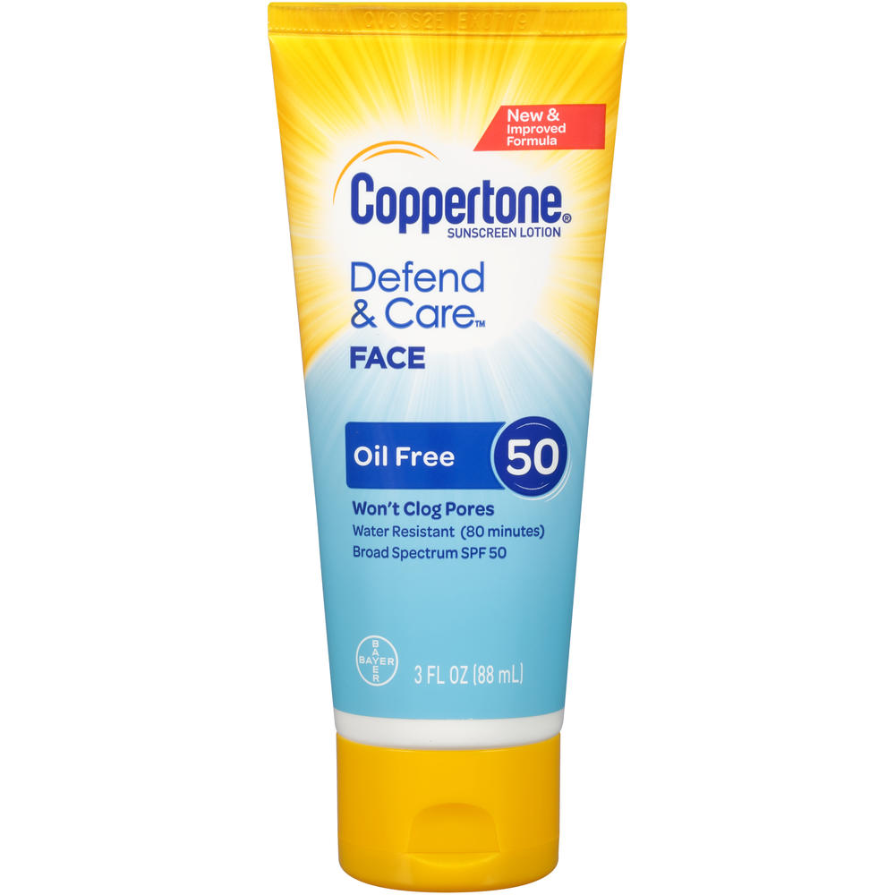 Coppertone Defend & Care Oil Free Sunscreen Face Lotion Broad Spectrum SPF 50, 3 Fluid Ounces