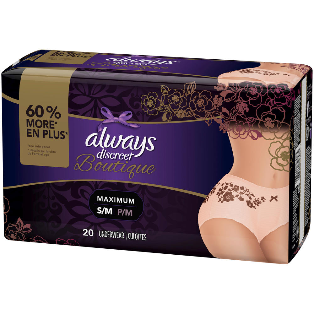 Always Discreet Boutique, Incontinence Underwear for Women, Maximum Protection, Peach, Small / Medium, 20 Count