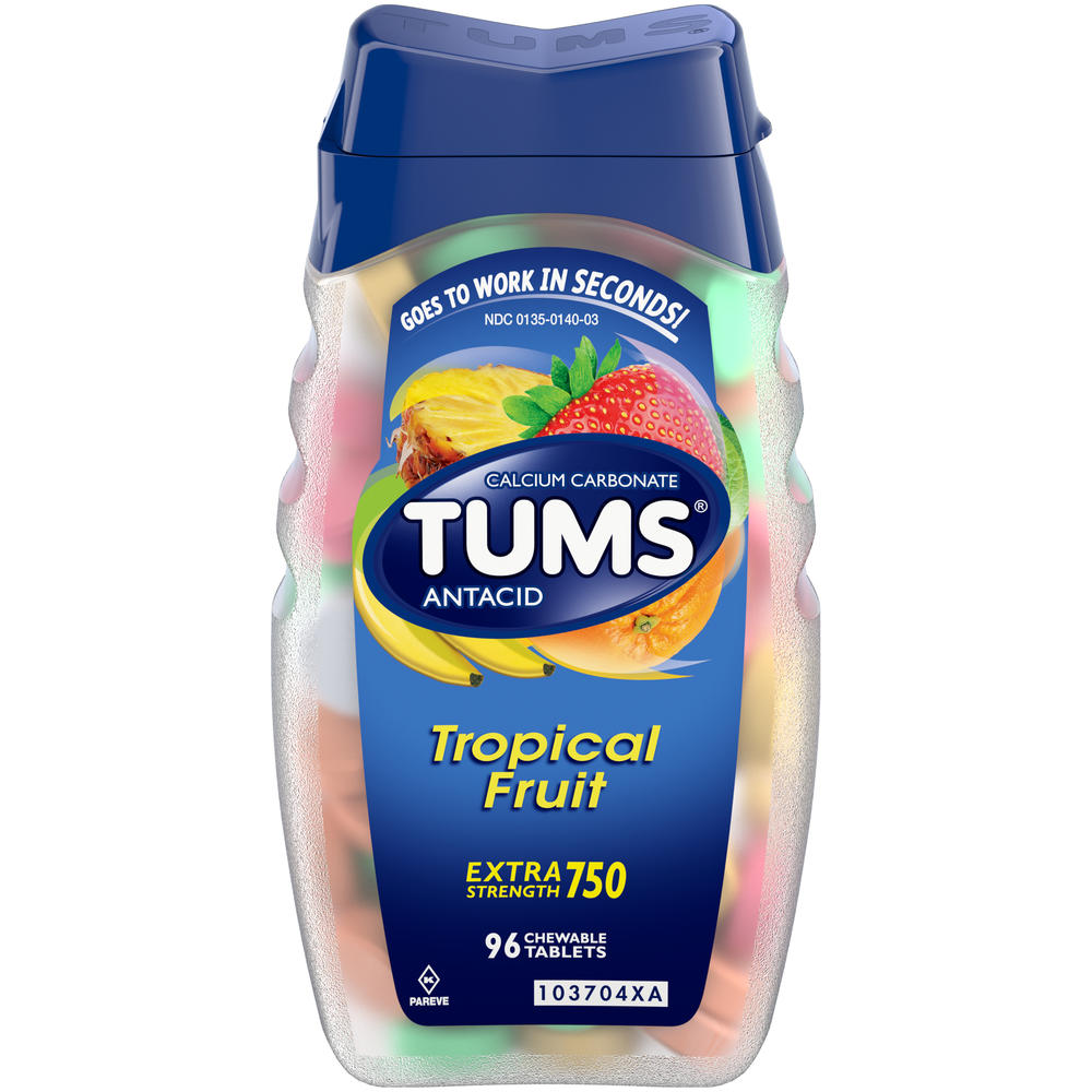 Tums Antacid/Calcium Supplement, Extra Strength 750, Assorted Tropical Fruit, Chewable Tablets, 96 tablets