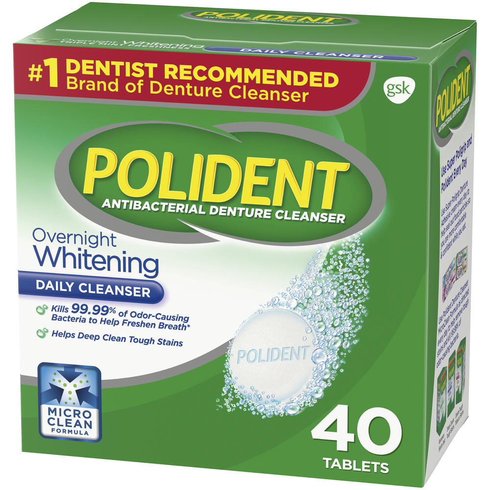 Polident Overnight Whitening Antibacterial Daily Denture Cleanser Effervescent Tablets, 40 Count