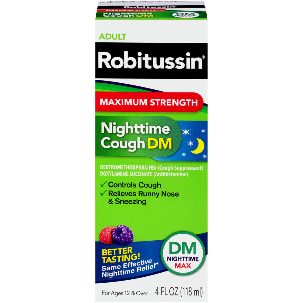Robitussin Adult Maximum Strength Nighttime Cough DM Max (4 fl. oz. Bottle), Cough Suppressant & Antihistamine, Blue Raspberry Flavor