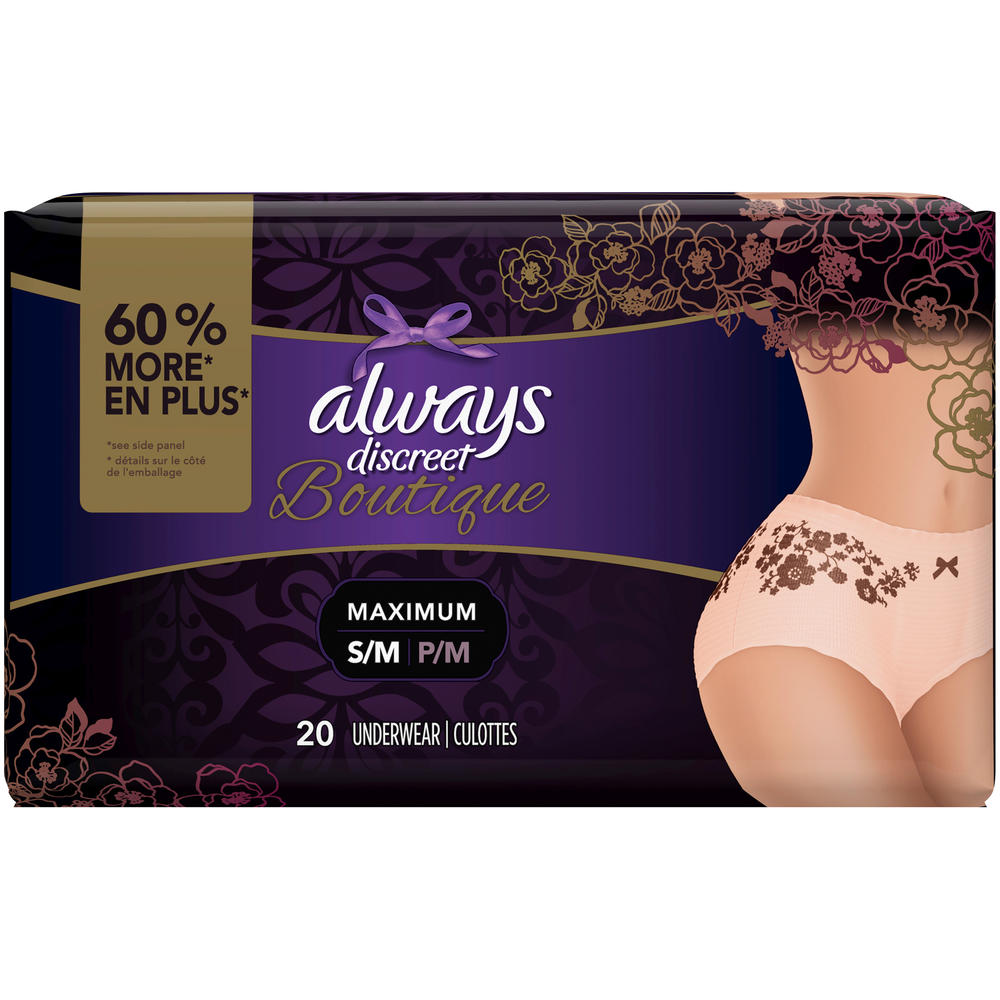 Always Discreet Boutique, Incontinence Underwear for Women, Maximum Protection, Peach, Small / Medium, 20 Count