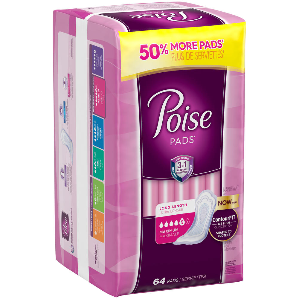 Poise Maximum Absorbency Pads, Long, 64ct