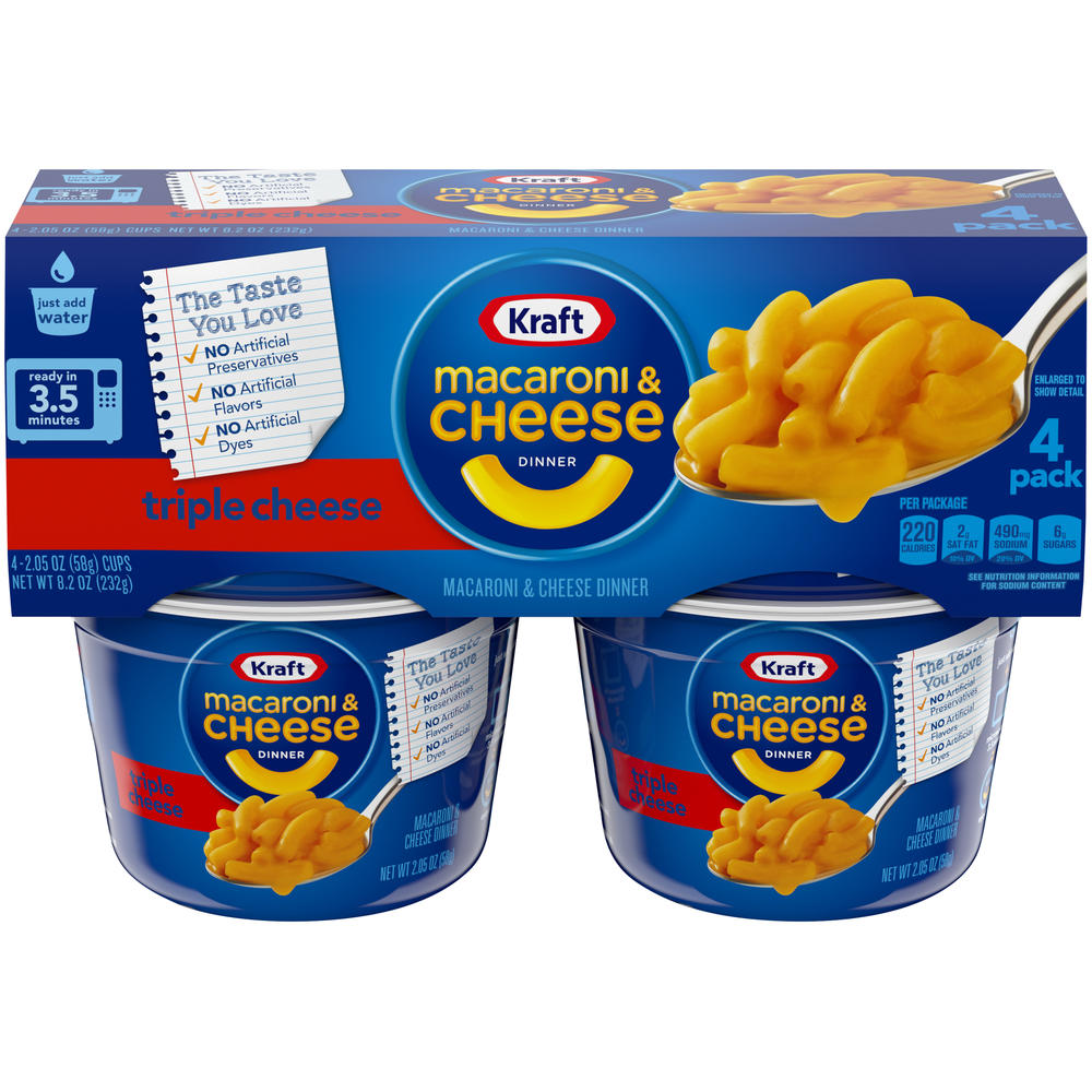 Kraft Easy Mac Macaroni & Cheese Dinner, Triple Cheese, 4 - 2.05 oz (58 g) cups [8.2 oz (232 g)]