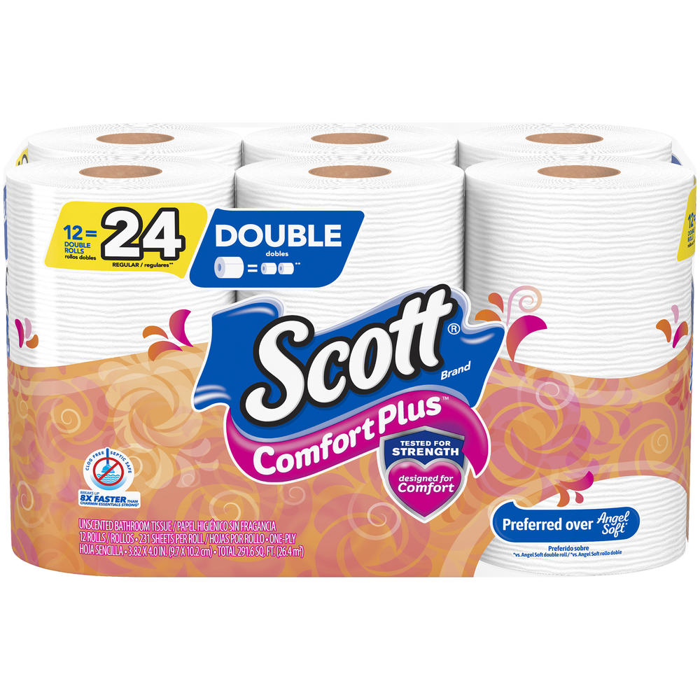 Scott  ComfortPlus Toilet Paper, Double Roll, 12 Rolls, Bath Tissue