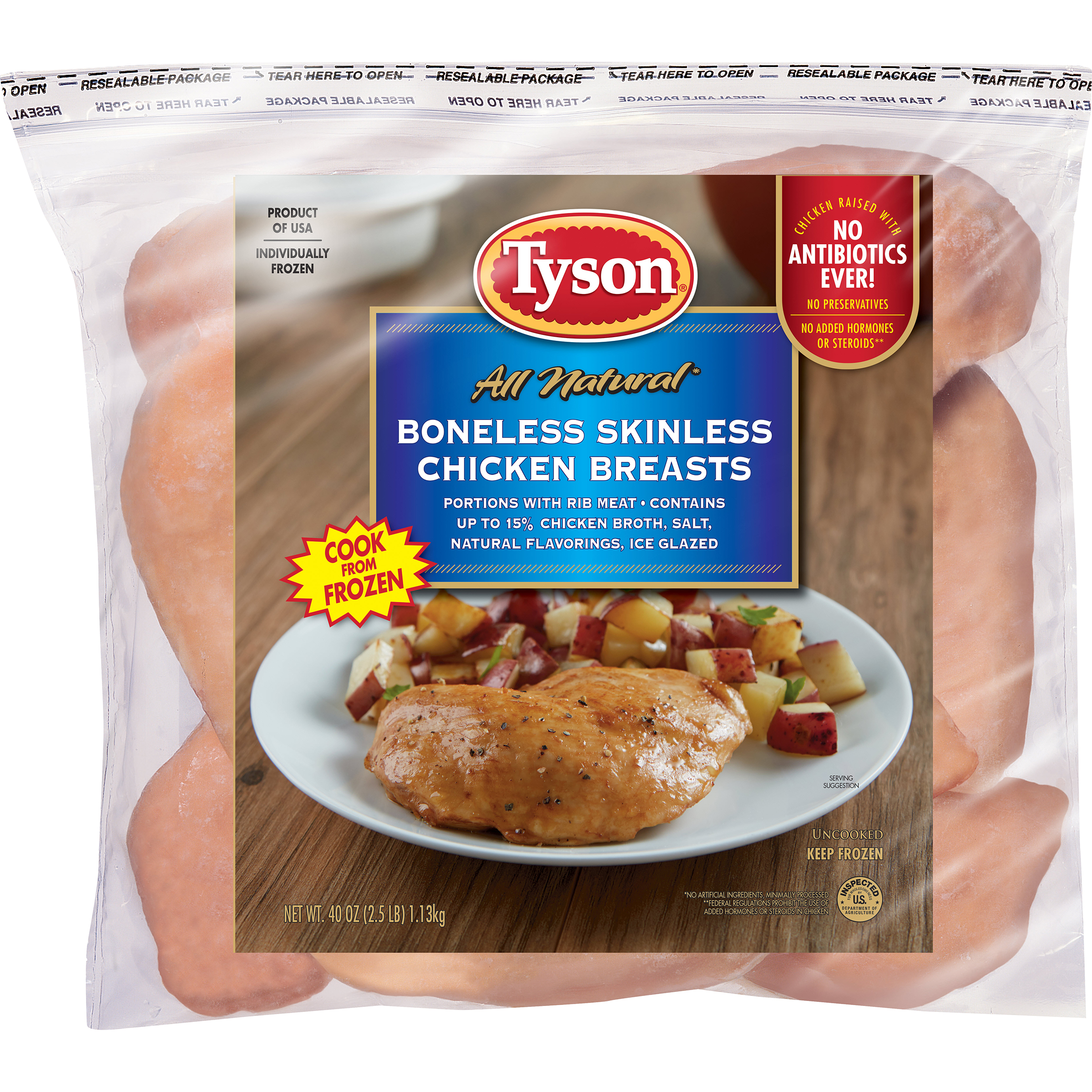 Tyson 100% All Natural Chicken Breasts, Boneless Skinless, with Rib Meat, 40 oz (2.5 lb) 1.13 kg