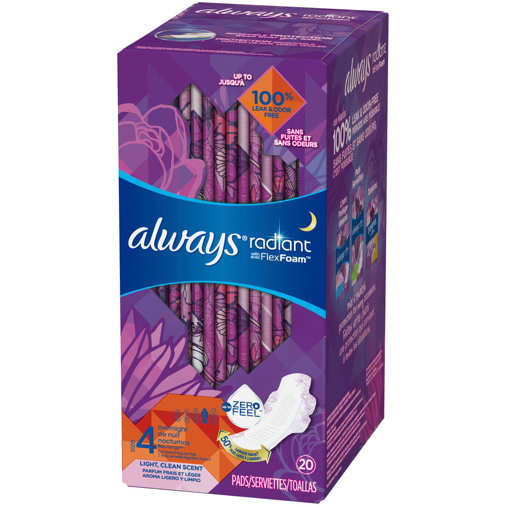 Always Radiant, Size 4, Overnight Sanitary Pads With Wings, 20 Ct