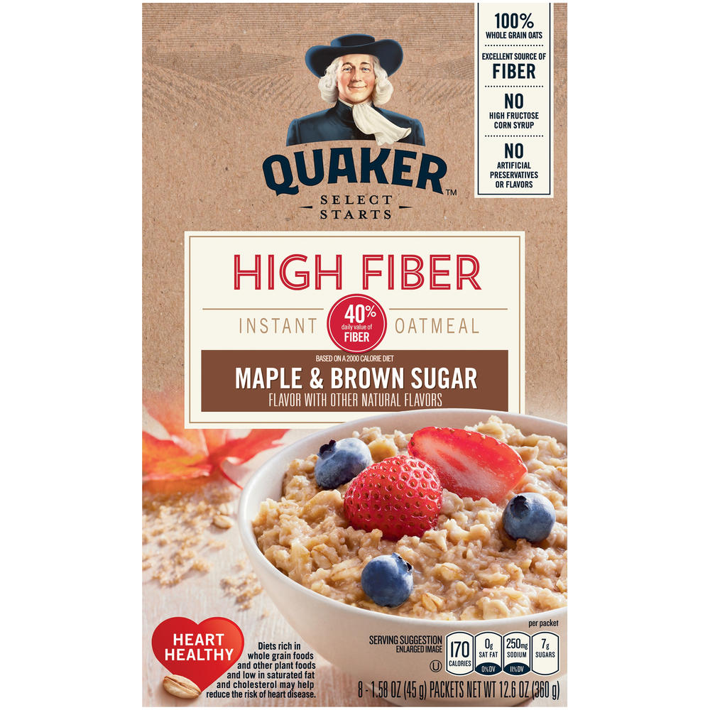Quaker Instant Oatmeal, High Fiber, Maple & Brown Sugar, 8 - 1.58 oz packets [12.6 oz (360 g)]