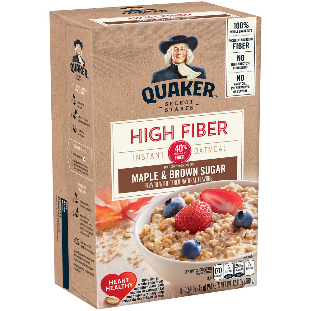 Quaker Instant Oatmeal, High Fiber, Maple & Brown Sugar, 8 - 1.58 oz packets [12.6 oz (360 g)]
