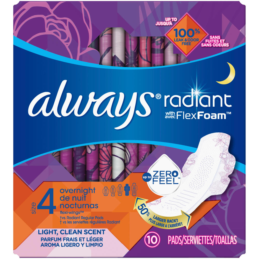 Always  Radiant, Size 4, Overnight Sanitary Pads With Wings, Scented, 10 Count