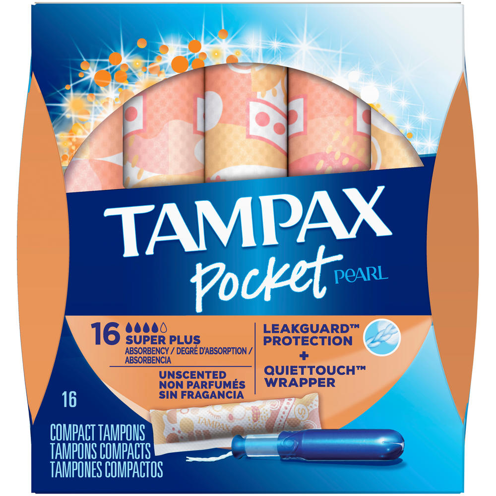Tampax Pocket Pearl, Super Plus, Plastic Tampons, Unscented, 16 Count