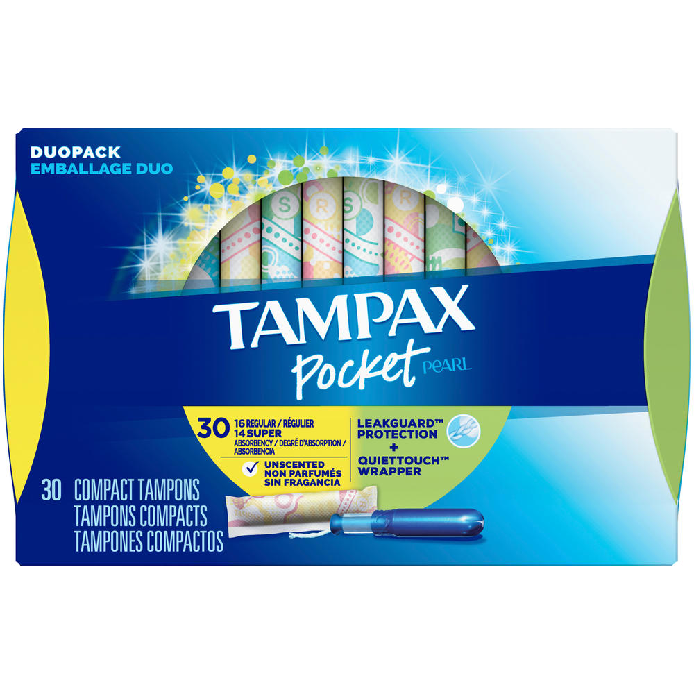 Tampax  Pocket Pearl, Duopack (Regular/Super), Plastic Tampons, Unscented, 30 Count