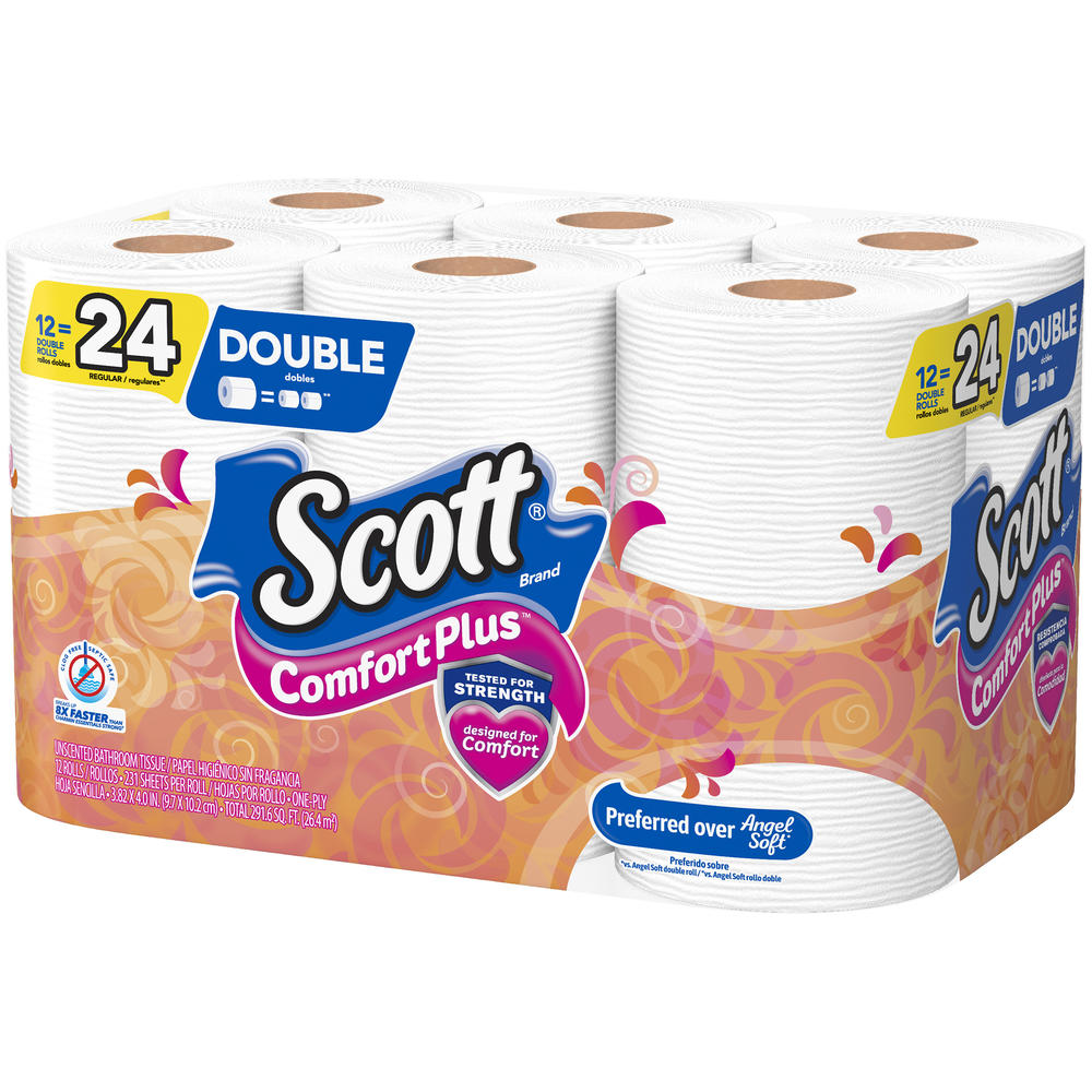 Scott  ComfortPlus Toilet Paper, Double Roll, 12 Rolls, Bath Tissue