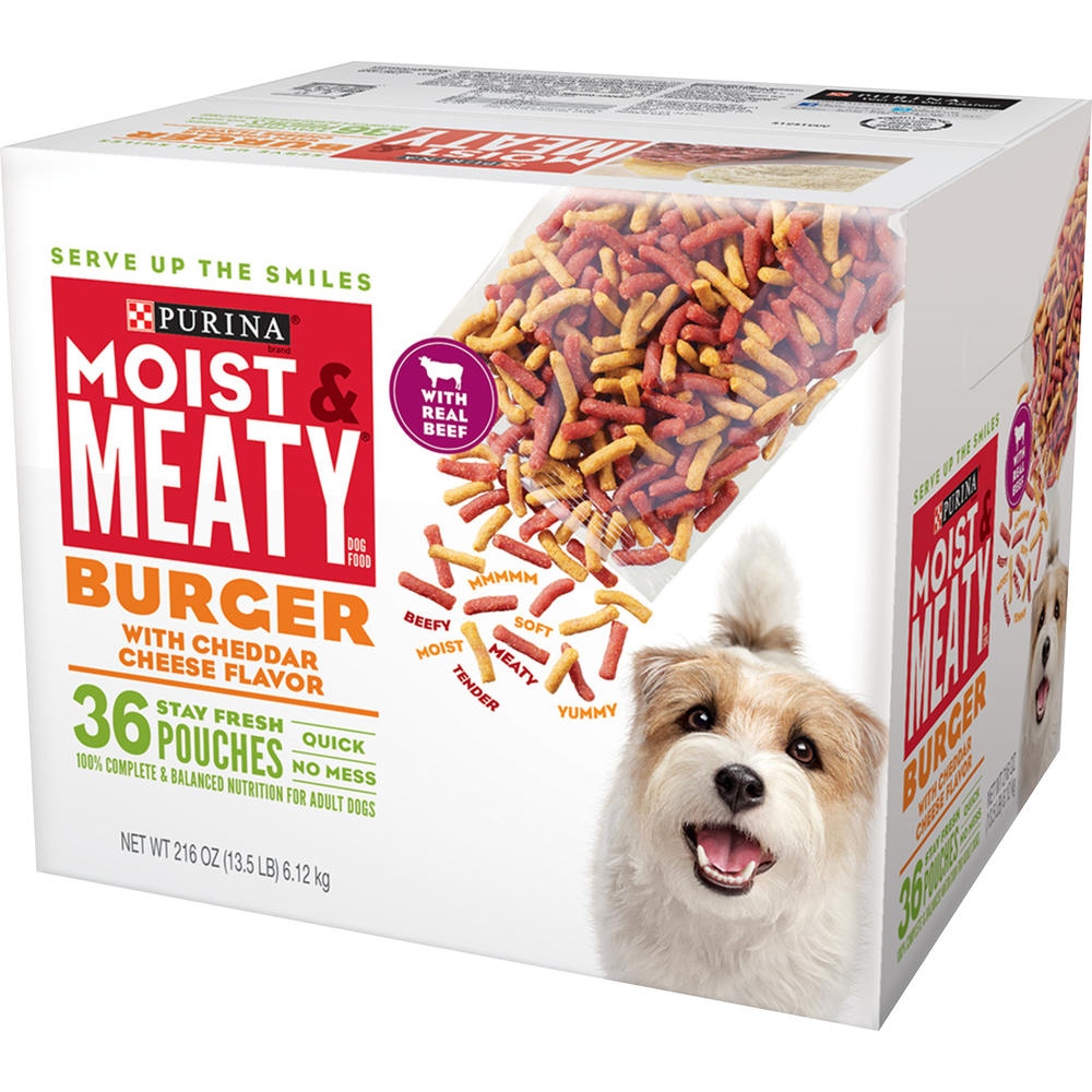 Purina Moist & Meaty Burger with Cheddar Cheese Flavor Dog Food 36-6 oz. Stay Fresh Pouches