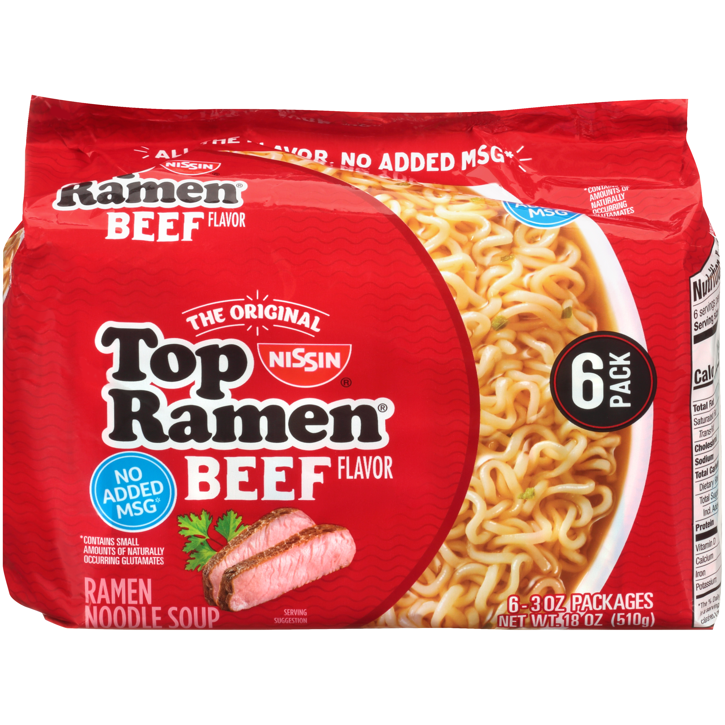 Nissin Top Ramen Soup, Ramen Noodle, 6-Pack, Beef Flavor, 6 - 3 oz