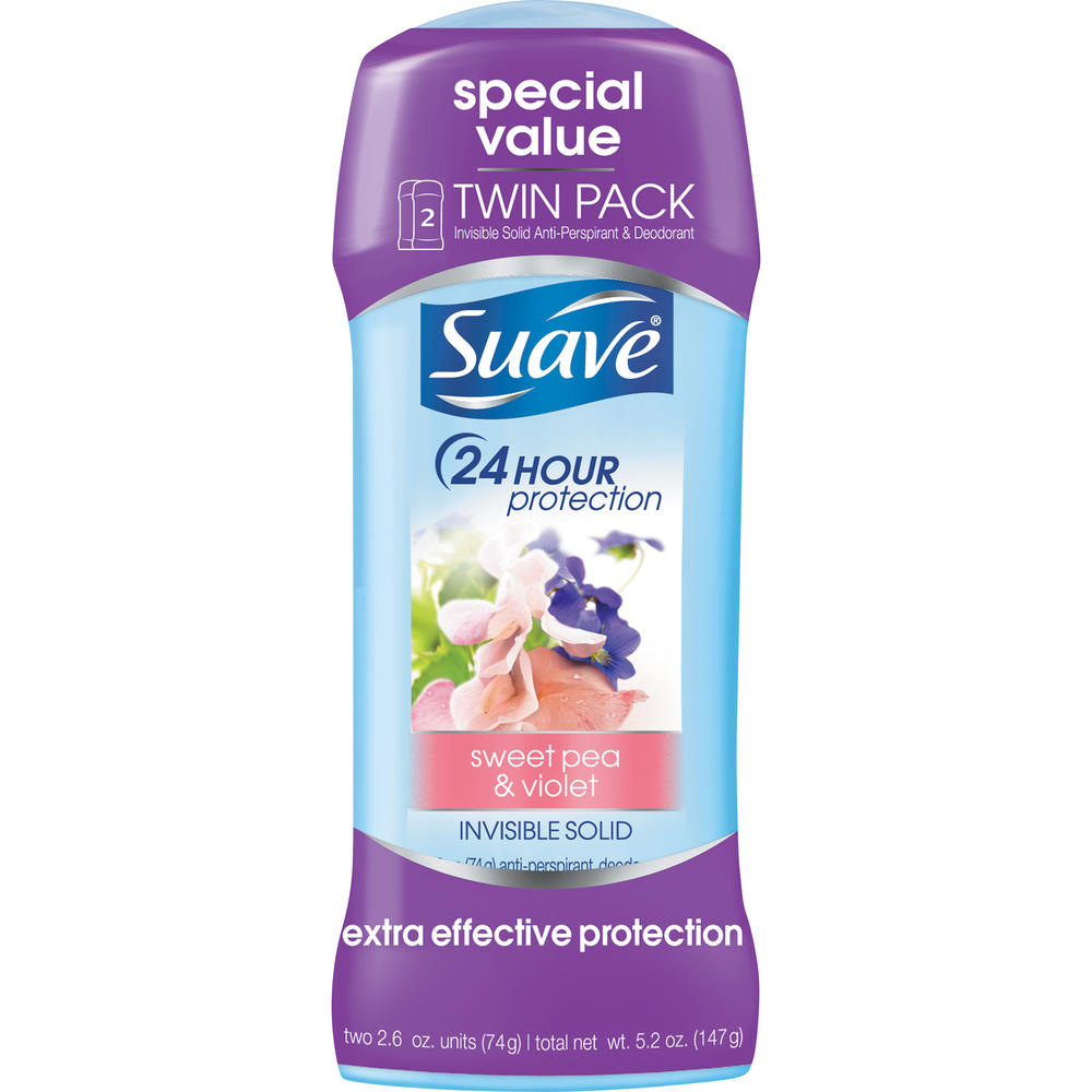 Suave 24 Hour Protection Anti-Perspirant/Deodorant, Invisible Solid, Sweet Pea and Violet, Twin Pack, 2 - 2.6 oz (74 g) units [5.2 oz